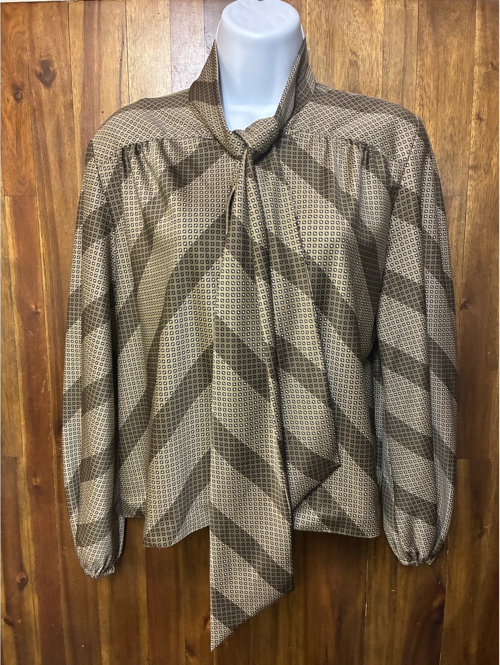 Vintage 80s Kiva LTD Secretary Bow Blouse Geometric Print Balloon Sleeve Small